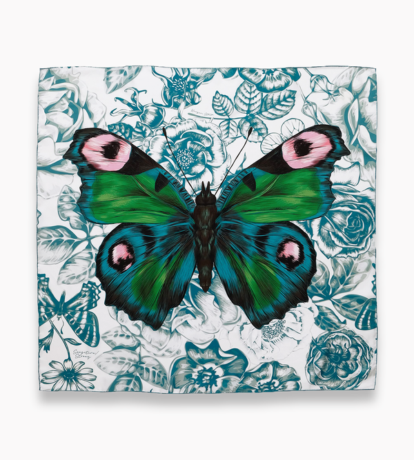 Blå-grön scarf med fjäril och blommor