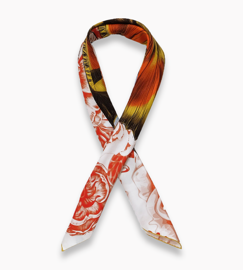 Röd/orange scarf med fjäril och blommor som en slips
